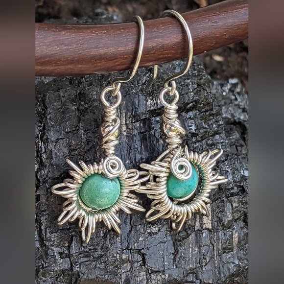 Hand Crafted 925 Sterling Silver Sunburst Earrings Turquoise Gemstone Beads - Picture 7 of 15